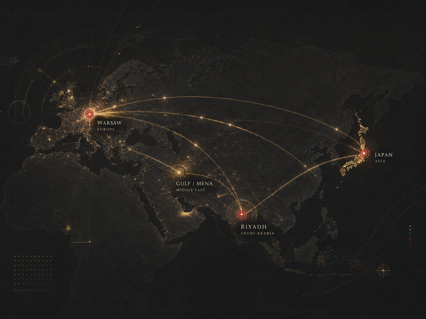 Strategic network visual representing international business hubs and connections